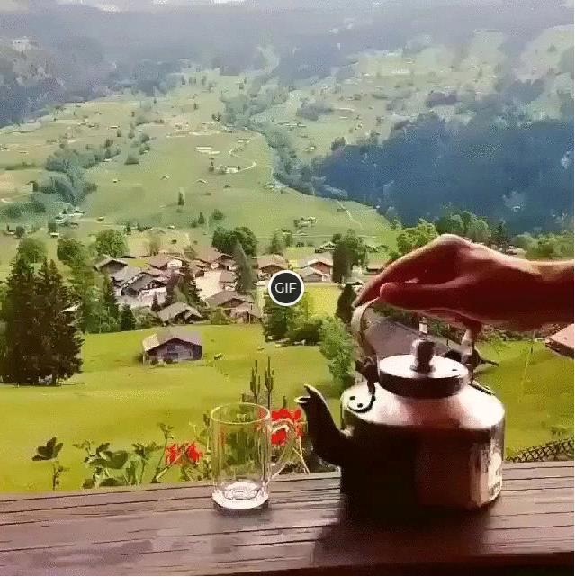 Гифка наливает чай в стакан на фоне гор