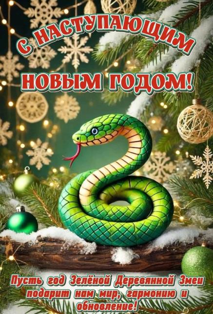 Тематическая открытка с зелёной змеёй и надписью "С наступающим новым годом!". Тематическая открытка с зелёной змеёй и надписью "С наступающим новым годом!".