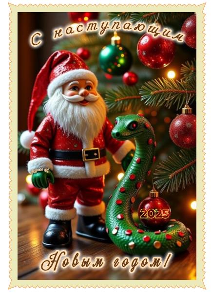 Весёлая открытка с игрушечным дедом морозом и змеёй к грядущему 2025-му году. Весёлая открытка с игрушечным дедом морозом и змеёй к грядущему 2025-му году.