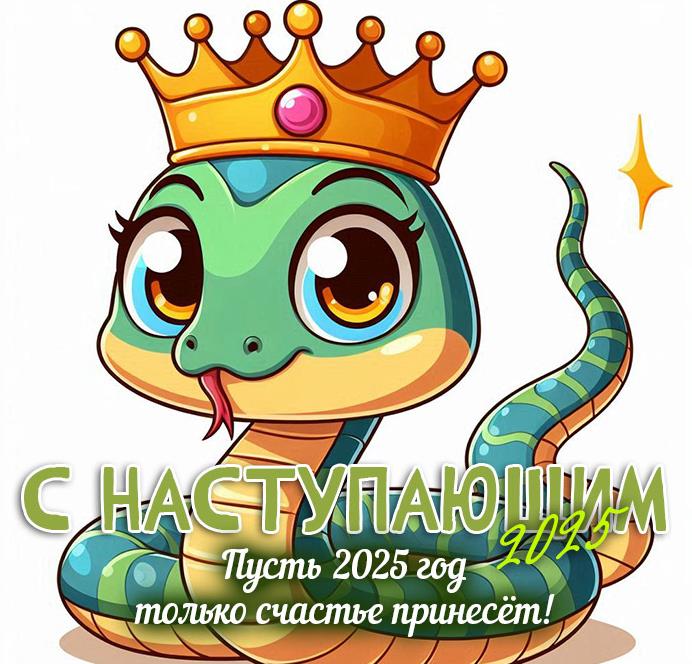 Смешная детская картинка (стикер) со змейкой на прозрачном фоне и надписью "С наступающим 2025 годом! Пусть он только счастье принесёт!". Смешная детская картинка (стикер) со змейкой на прозрачном фоне и надписью "С наступающим 2025 годом! Пусть он только счастье принесёт!".