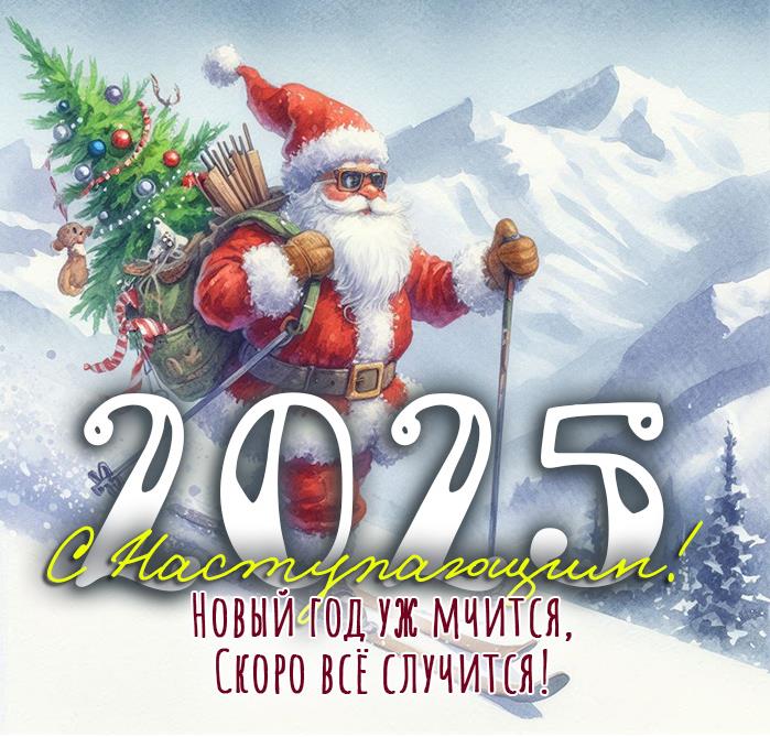 Стильная и смешная картинка с Санта Клаусом и ёлочкой к мчащемуся и наступающему 2025-му году. Стильная и смешная картинка с Санта Клаусом и ёлочкой к мчащемуся и наступающему 2025-му году.