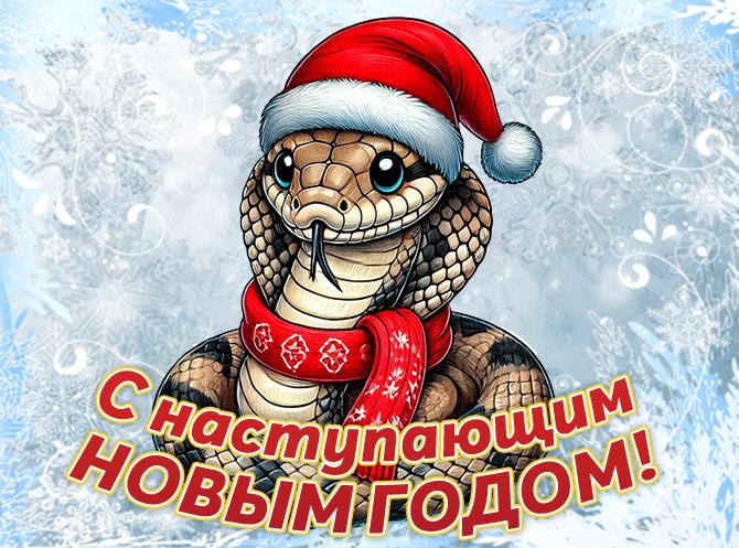 Зимняя картинка со змеёй в шапке деда мороза и высунутым языком "С наступающим новым годом!". Зимняя картинка со змеёй в шапке деда мороза и высунутым языком "С наступающим новым годом!".