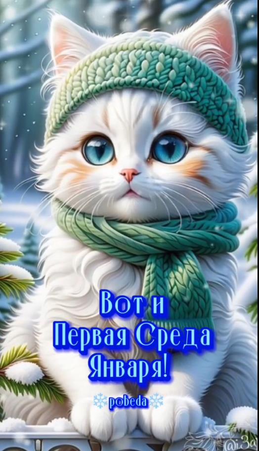 Милая открытка с зимним котиком в первую январскую среду.