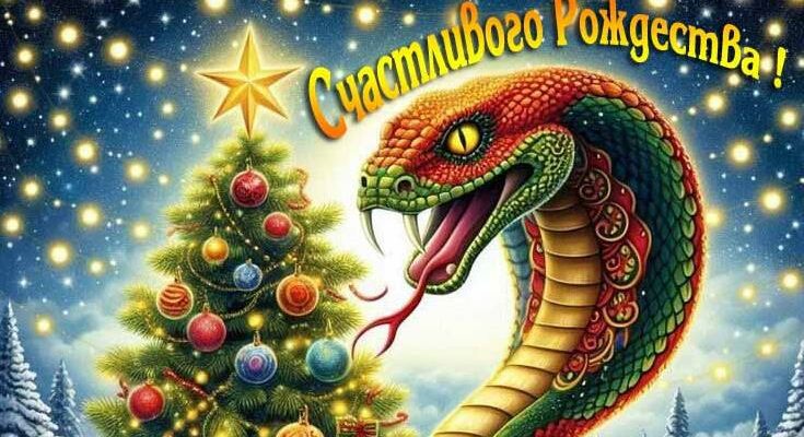 Оригинальные открытки с Рождеством 2025 со Змейкой (30 фото)