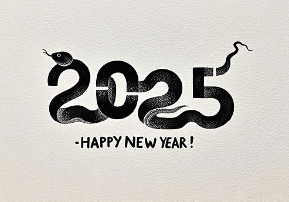 Цифра 2025 из чёрных змей на сером фоне и надпись happy new year. Цифра 2025 из чёрных змей на сером фоне и надпись happy new year.