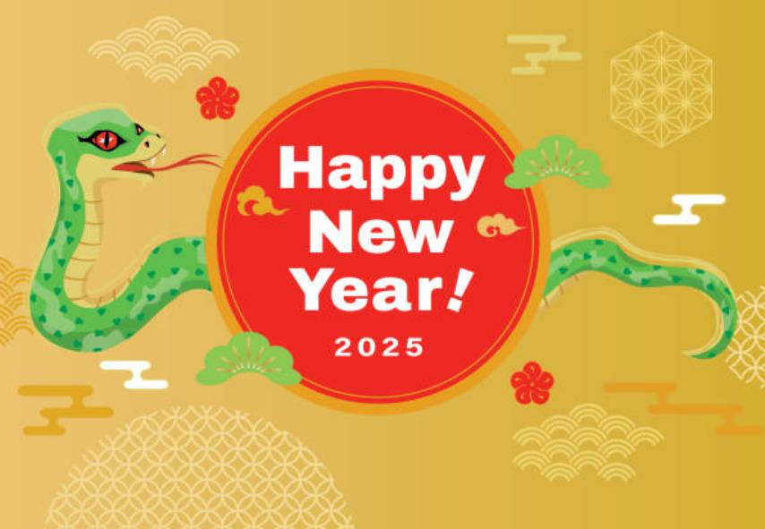 Прикольная открытка Happy New Year 2025 с зелёной змеёй. Прикольная открытка Happy New Year 2025 с зелёной змеёй.