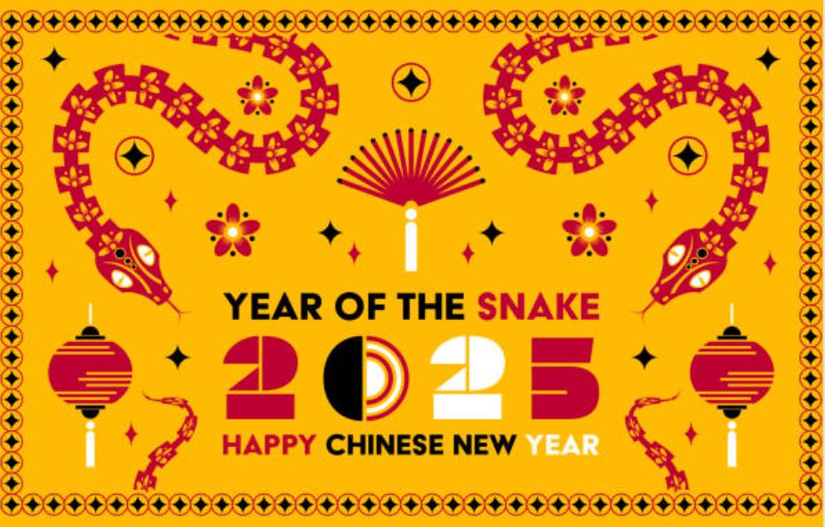 Креативная открытка с пожеланием счастливого китайского нового года 2025 на английском языке. Креативная открытка с пожеланием счастливого китайского нового года 2025 на английском языке.