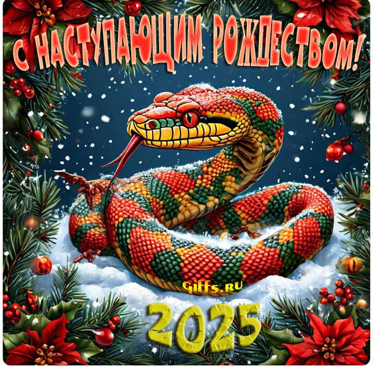Атмосферная открытка с наступающим Рождеством 2025 со змеёй с высунутым языком. Атмосферная открытка с наступающим Рождеством 2025 со змеёй с высунутым языком.