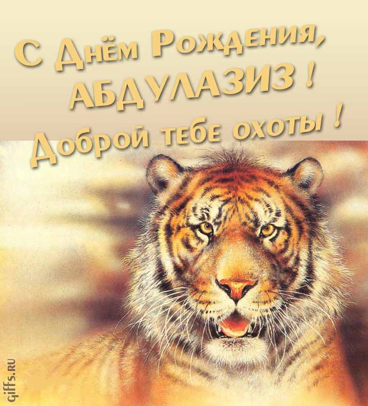 Прикольная картинка с суровым тигром "С днём рождения, Абдулазиз! Доброй тебе охоты!". Прикольная картинка с суровым тигром "С днём рождения, Абдулазиз! Доброй тебе охоты!".