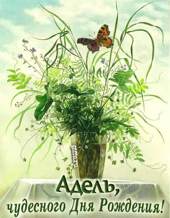 Необычная открытка с бабочкой на цветах и с текстом "Адель, чудесного дня рождения!". Необычная открытка с бабочкой на цветах и с текстом "Адель, чудесного дня рождения!".