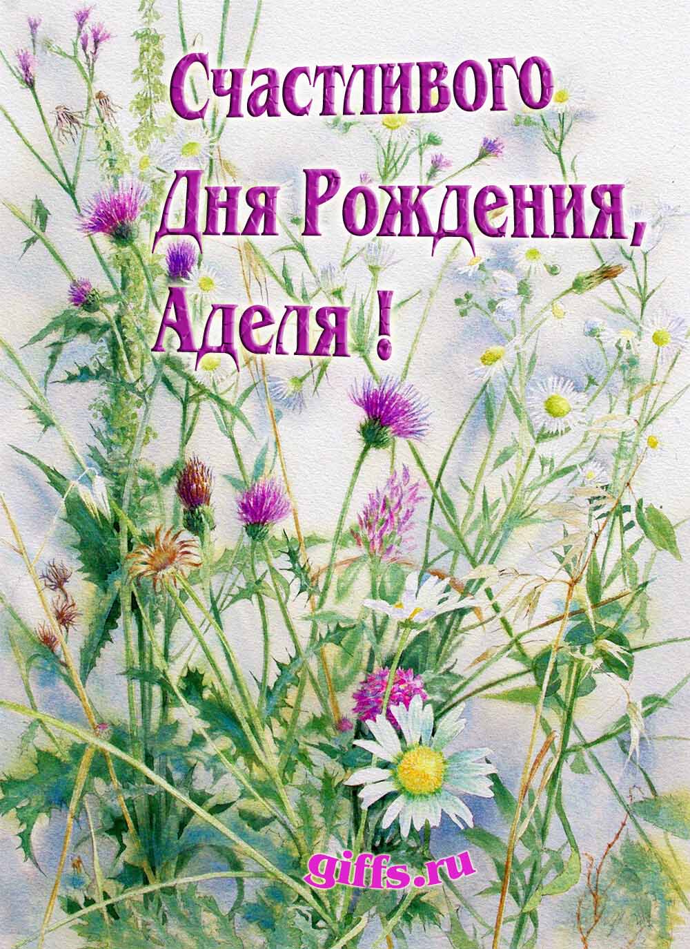 Картинка с луговыми цветами и пожеланием счастливого дня рождения девушке Аделии. Картинка с луговыми цветами и пожеланием счастливого дня рождения девушке Аделии.