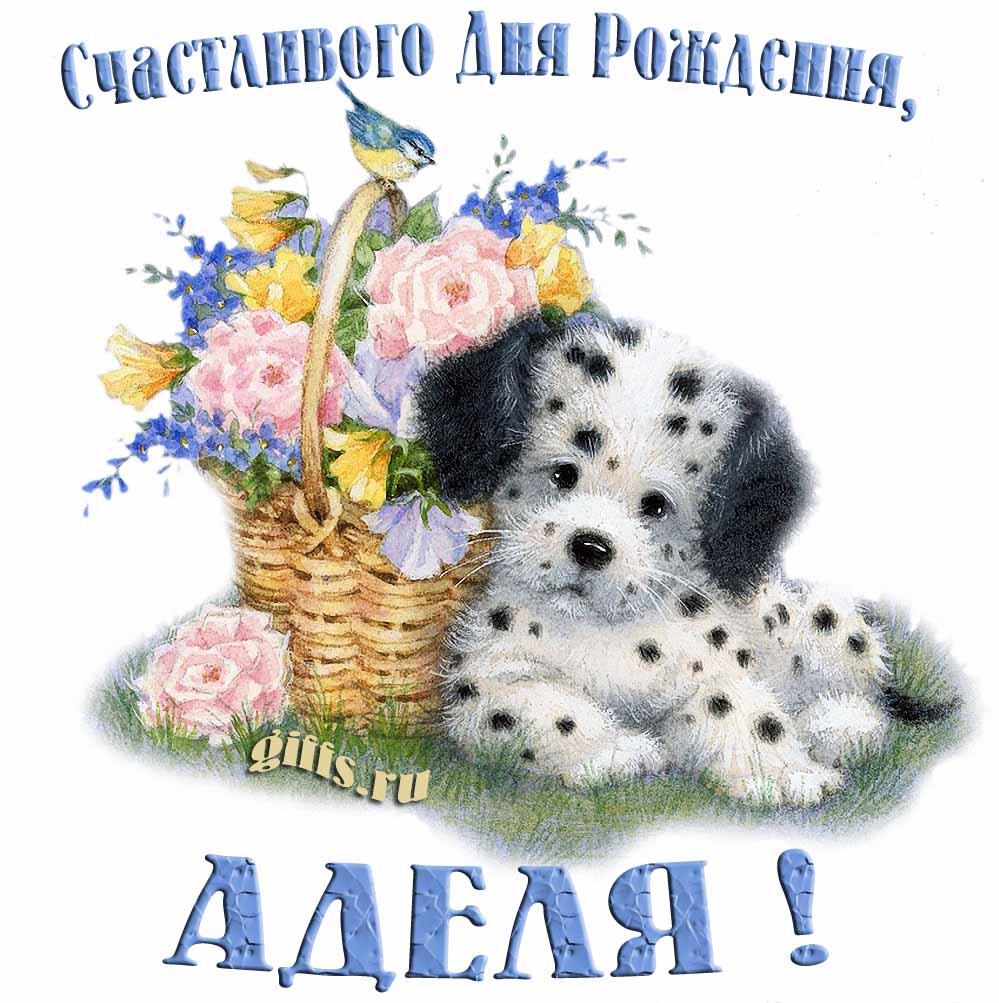 Прикольная и смешная открытка с корзиной цветов и собачкой для пожелания счастливого дня рождения Аделии. Прикольная и смешная открытка с корзиной цветов и собачкой для пожелания счастливого дня рождения Аделии.