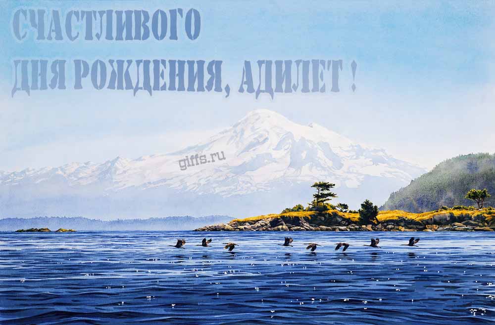Вдохновляющая открытка с птицами у озера в подножье заснеженной горы "Счастливого дня рождения, Адилет!". Вдохновляющая открытка с птицами у озера в подножье заснеженной горы "Счастливого дня рождения, Адилет!".