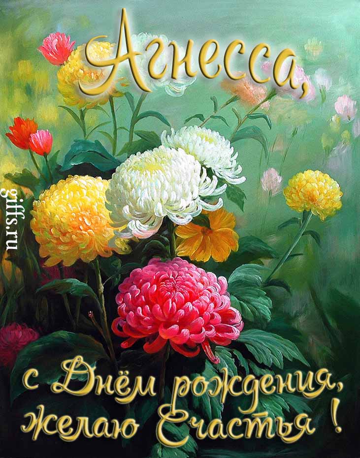 Яркая картинка с цветами и поздравлением "Агнесса, с днём рождения, желаю счастья!".