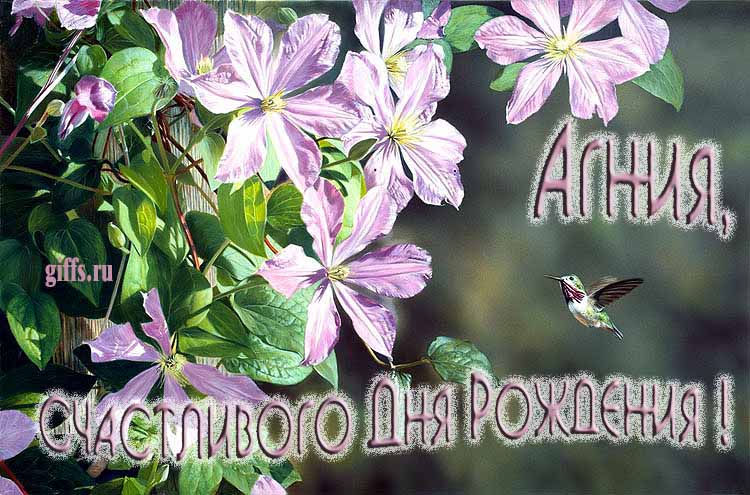 Летняя именная открытка с птичкой в цветах и надписью "Агния, счастливого дня рождения!".
