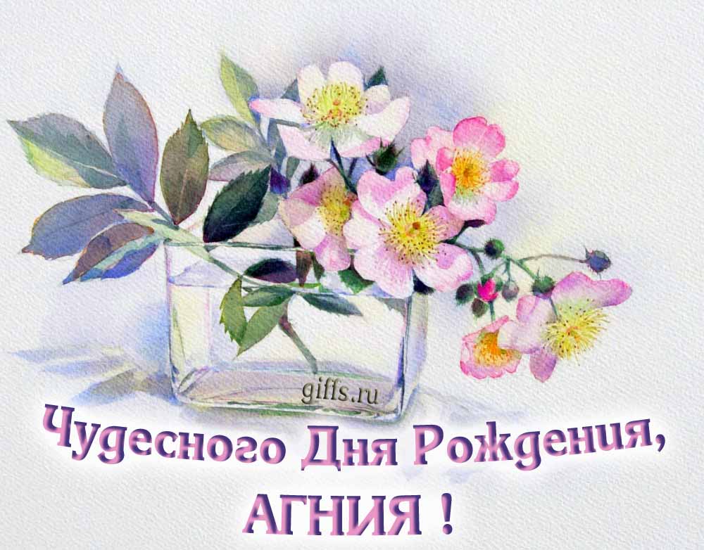 Букет нежных цветочков и надпись "Чудесного дня рождения, Агния!".
