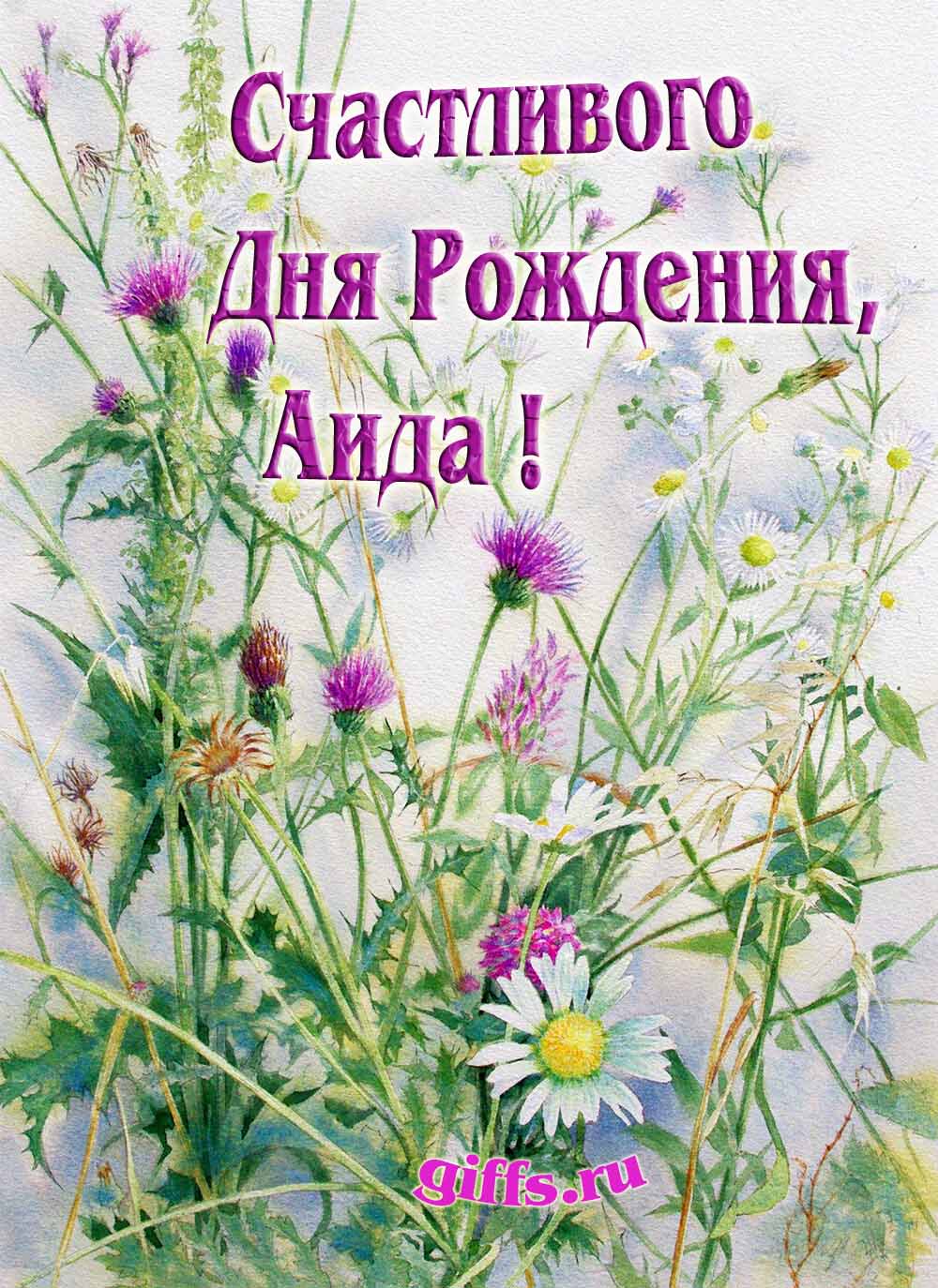 Картинка с луговыми цветами и пожеланием счастливого дня рождения девушке Аиде. Картинка с луговыми цветами и пожеланием счастливого дня рождения девушке Аиде.