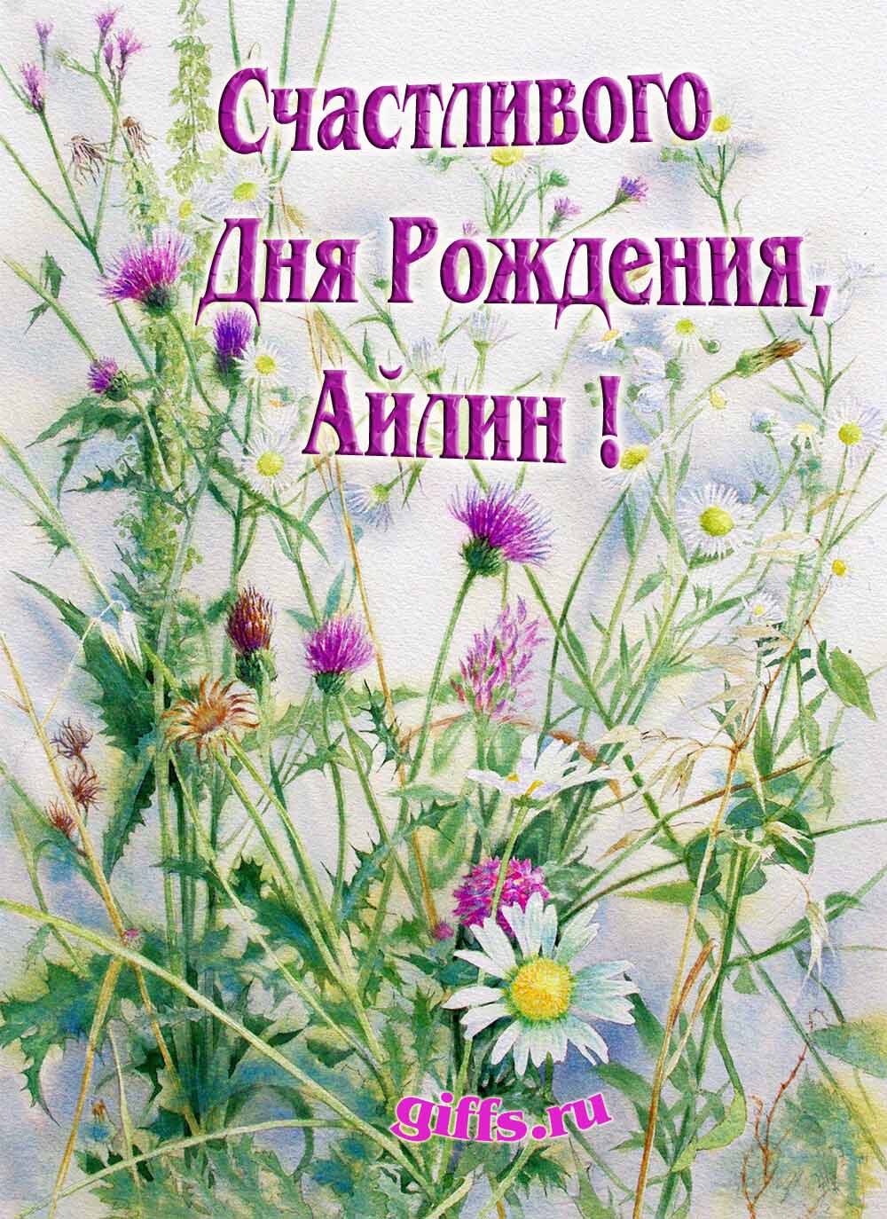 Картинка с луговыми цветами и пожеланием счастливого дня рождения девушке Айлине. Картинка с луговыми цветами и пожеланием счастливого дня рождения девушке Айлине.