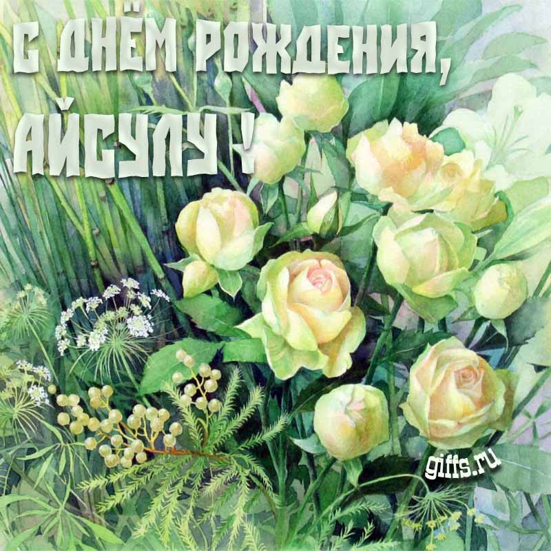 Летняя креативная открытка с белыми розами в траве на день рождения Айсуле. Летняя креативная открытка с белыми розами в траве на день рождения Айсуле.