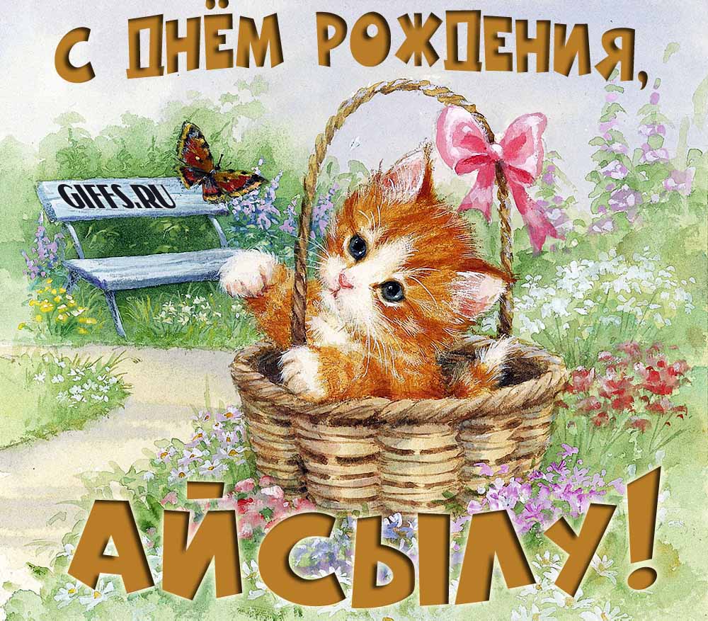 Милая летняя открытка с рыжим котёнком и поздравлением в день рождения для Айсылу. Милая летняя открытка с рыжим котёнком и поздравлением в день рождения для Айсылу.