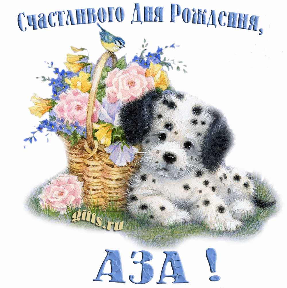 Прикольная и смешная открытка с корзиной цветов и собачкой для пожелания счастливого дня рождения Азе. Прикольная и смешная открытка с корзиной цветов и собачкой для пожелания счастливого дня рождения Азе.