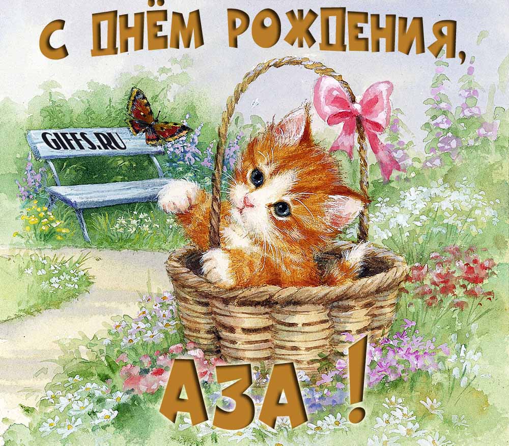 Милая летняя открытка с рыжим котёнком и поздравлением в день рождения для Азы. Милая летняя открытка с рыжим котёнком и поздравлением в день рождения для Азы.