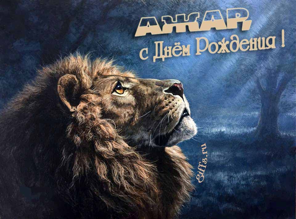 Крутая открытка со львом смотрящим на лунный свет и текстом "Ажар, с днём рождения!". Крутая открытка со львом смотрящим на лунный свет и текстом "Ажар, с днём рождения!".