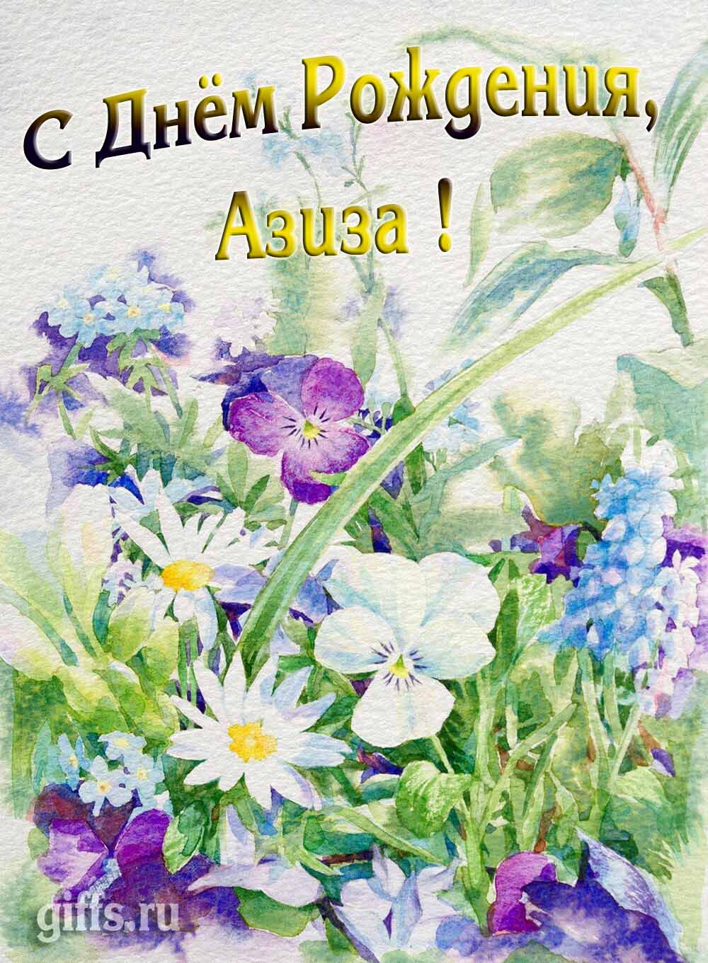 Красивая открытка с полевыми цветами для красотки Азизы в день рождения. Красивая открытка с полевыми цветами для красотки Азизы в день рождения.
