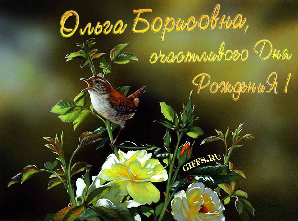 Прикольная открытка с птичкой и пожеланием счастливого дня рождения лично Ольге Борисовне. Прикольная открытка с птичкой и пожеланием счастливого дня рождения лично Ольге Борисовне.