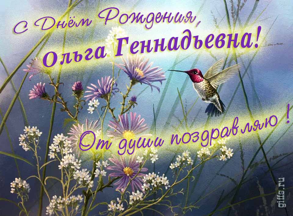 Красивая открытка с надписью "С днём рождения, Ольга Геннадьевна! От души поздравляю!". Красивая открытка с надписью "С днём рождения, Ольга Геннадьевна! От души поздравляю!".