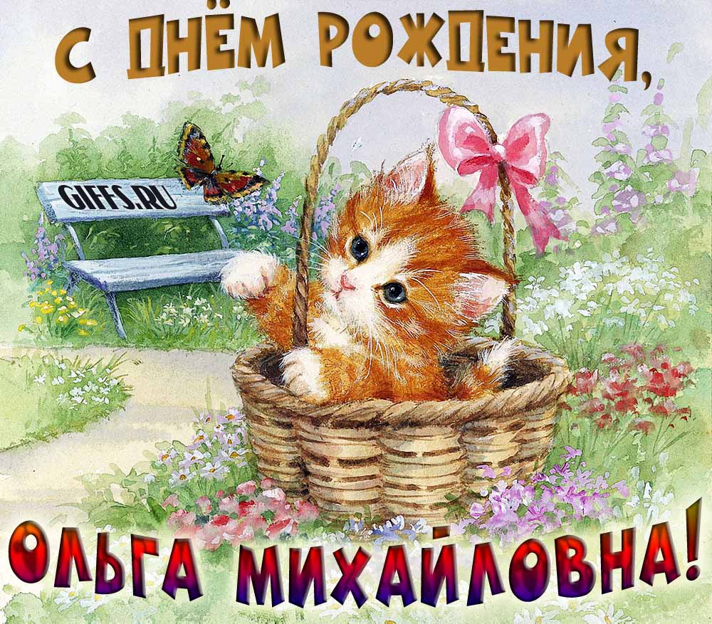 Милая открытка с рыжим котёнком Ольге Михайловне в день её рождения. Милая открытка с рыжим котёнком Ольге Михайловне в день её рождения.